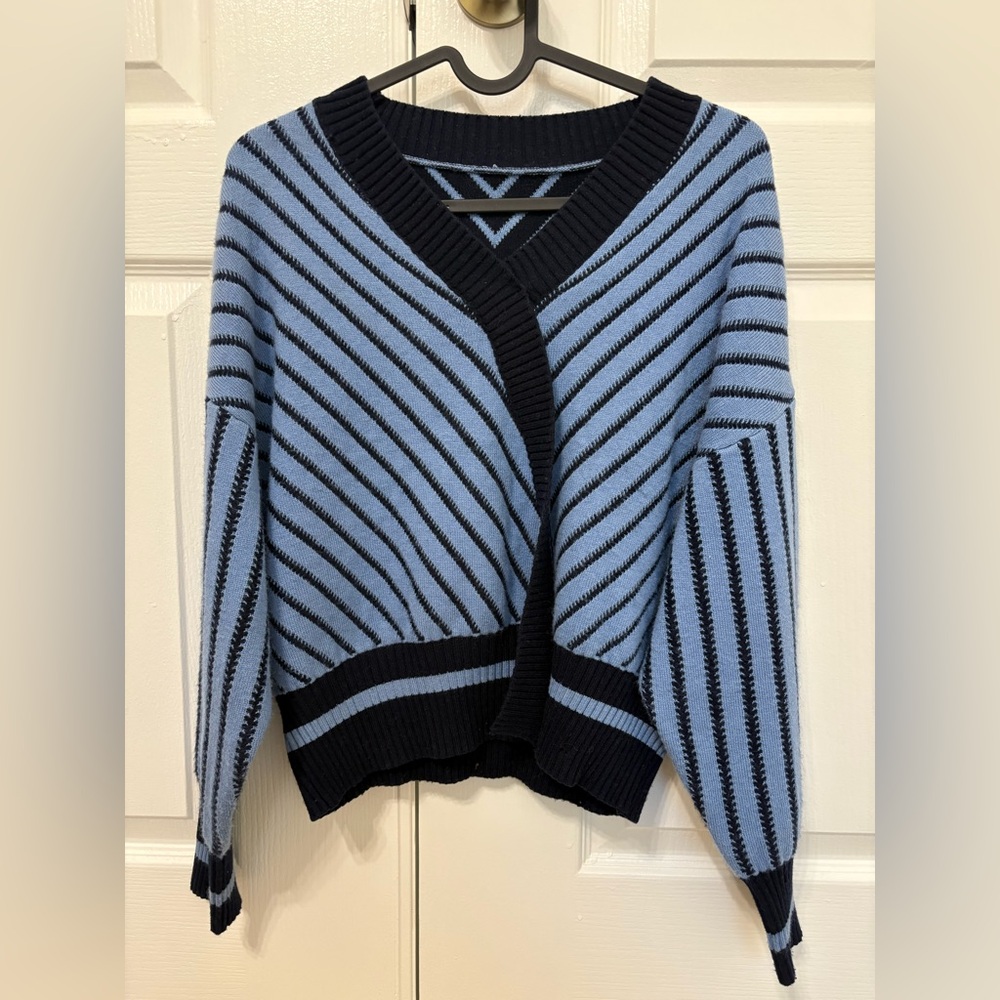 Elegant Blue and Black Striped Women's Sweater in S in crop style.